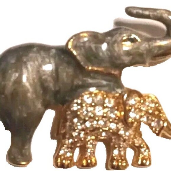 JACKIE ORR Vintage Brooch Mother & Baby Elephants Gold Tone Rhinestones Enamel - Picture 6 of 7